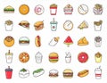 Set of fast food icons. Drinks, snacks and sweets. Colorful outlined icon collection. Royalty Free Stock Photo