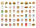 Set of fast food icons. Drinks, snacks and sweets. Colorful outlined icon collection. Royalty Free Stock Photo