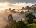 The beautiful view of the houses and trees covered in morning mist. Royalty Free Stock Photo