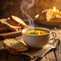 Hot Soup and Bread on Rustic Wooden Table Royalty Free Stock Photo