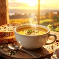 Hot Soup and Bread on Rustic Wooden Table Royalty Free Stock Photo