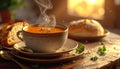 Hot Soup and Bread on Rustic Wooden Table Royalty Free Stock Photo