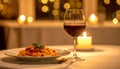 Elegant Dinner Plate with Wine Glass and Warm Glow Royalty Free Stock Photo