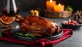 Cozy Low Light Dinner with Roast Duck and Red Napkin Royalty Free Stock Photo