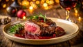 Elegant Ceramic Plate Steak for Christmas Celebration Royalty Free Stock Photo