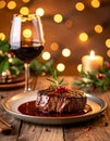 Elegant Ceramic Plate Steak for Christmas Celebration Royalty Free Stock Photo