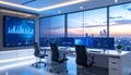 Generated image Professional workspace with marketing analytics on big screen, subtle tech lighting, modern clean office Royalty Free Stock Photo