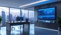 Generated image Professional workspace with marketing analytics on big screen, subtle tech lighting, modern clean office Royalty Free Stock Photo