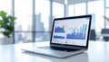 Generated image Laptop screen showing digital marketing dashboard, colorful graphs, blurred office background, clean sharp focus Royalty Free Stock Photo