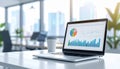 Generated image Laptop screen showing digital marketing dashboard, colorful graphs, blurred office background, clean sharp focus Royalty Free Stock Photo