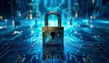 A metallic padlock is centrally positioned on a digital circuit board, symbolizing cybersecurity. Royalty Free Stock Photo