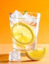 Refreshing soda water with glass and lemon slices on an orange background, close-up Royalty Free Stock Photo
