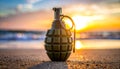 A green, segmented hand grenade with a metal safety lever and pull ring. Royalty Free Stock Photo