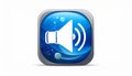 Blue square icon featuring a white speaker symbol with sound waves emanating from it Royalty Free Stock Photo