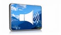 Blue square icon featuring a white speaker symbol with sound waves emanating from it Royalty Free Stock Photo