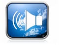 Blue square icon featuring a white speaker symbol with sound waves emanating from it Royalty Free Stock Photo