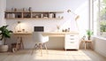 Calm Multi-Purpose Desk Scene with White and Wood Harmony Royalty Free Stock Photo