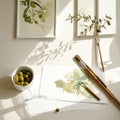 Artistic Desk with Watercolor Tools in Beige and Olive Tones Royalty Free Stock Photo