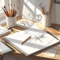 Creative Desk with Sketchbook, Brushes, and Digital Tablet Royalty Free Stock Photo