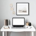 White Desk Study Workspace in Beige and Gray Tones Royalty Free Stock Photo