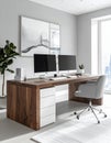 Corporate Workspace with Dual Monitors on Walnut Desk Royalty Free Stock Photo
