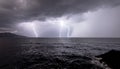 Dramatic Ocean Lightning Storm Over Dark Sea and Coastline Royalty Free Stock Photo
