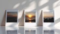 Triptych of Framed Ocean Sunset Photos on Reflective Surface Royalty Free Stock Photo