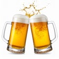Generated image Two Beer Mugs toasting creating splash isolated on white background Royalty Free Stock Photo