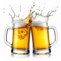 Generated image Two Beer Mugs toasting creating splash isolated on white background Royalty Free Stock Photo