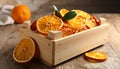 Crate of dry orange slices on wooden table, closeup Royalty Free Stock Photo