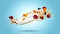 Milk splashes with oats and dried fruits floating in the air on a light blue background Royalty Free Stock Photo