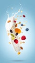 Milk splashes with oats and dried fruits floating in the air on a light blue background Royalty Free Stock Photo