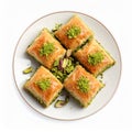 Plate of delicious baklava with pistachio nuts on white background, top view Royalty Free Stock Photo