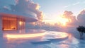 Luxurious Modern Architecture Villa with Infinity Pool Over Clouds at Sunset Royalty Free Stock Photo