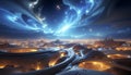 Futuristic Sci-Fi Landscape with Glowing City and Cosmic Sky Royalty Free Stock Photo
