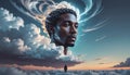Surreal Digital Art of a Man\'s Head Rising from Cloudscape with Cosmic Cloud Swirls Royalty Free Stock Photo