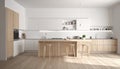 Minimalist Modern Kitchen with Wooden Island and White Cabinets Royalty Free Stock Photo