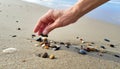 Hand Picking Pebbles on a Sandy Beach Royalty Free Stock Photo