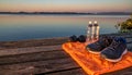 Outdoor Workout Gear by the Lake at Sunset Royalty Free Stock Photo