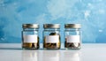 Three Glass Jars Filled with Coins on a Reflective Surface Royalty Free Stock Photo