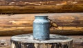 Vintage Metal Milk Churn on Stump, Rustic Log Cabin Background Royalty Free Stock Photo