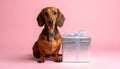 Soft Dusty Pink Backdrop Featuring Dachshund and Silver Present Royalty Free Stock Photo