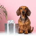 Soft Dusty Pink Backdrop Featuring Dachshund and Silver Present Royalty Free Stock Photo