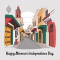 Narrow street illustration in Morocco features traditional architecture with colorful buildings Royalty Free Stock Photo