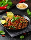 Stir fries Ground pork with chili and Thai hot basil (Thai street food - Pad Kra Prao Royalty Free Stock Photo
