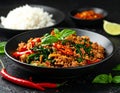 Stir fries Ground pork with chili and Thai hot basil (Thai street food - Pad Kra Prao Royalty Free Stock Photo