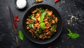 Stir fries Ground pork with chili and Thai hot basil (Thai street food - Pad Kra Prao Royalty Free Stock Photo