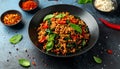 Stir fries Ground pork with chili and Thai hot basil (Thai street food - Pad Kra Prao Royalty Free Stock Photo