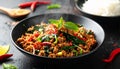 Stir fries Ground pork with chili and Thai hot basil (Thai street food - Pad Kra Prao Royalty Free Stock Photo