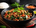 Stir fries Ground pork with chili and Thai hot basil (Thai street food - Pad Kra Prao Royalty Free Stock Photo